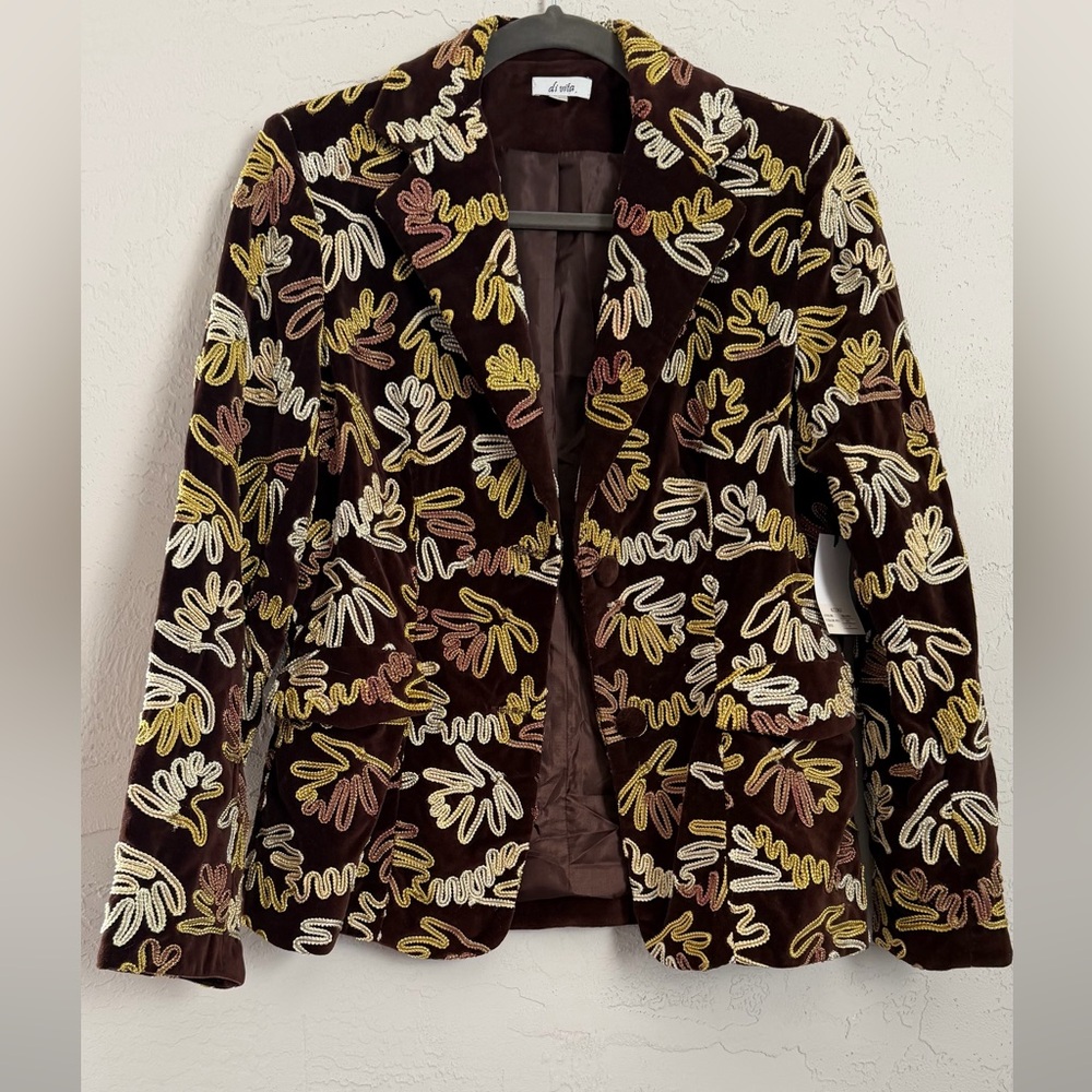 NWT Di Vita Embroidered Velvet Jacket/Blazer Brown/Gold, Sz 6